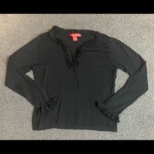 Gloria Vanderbilt Womens Black Long Sleeve Ruffled V-Neck Shirt Blouse Top M